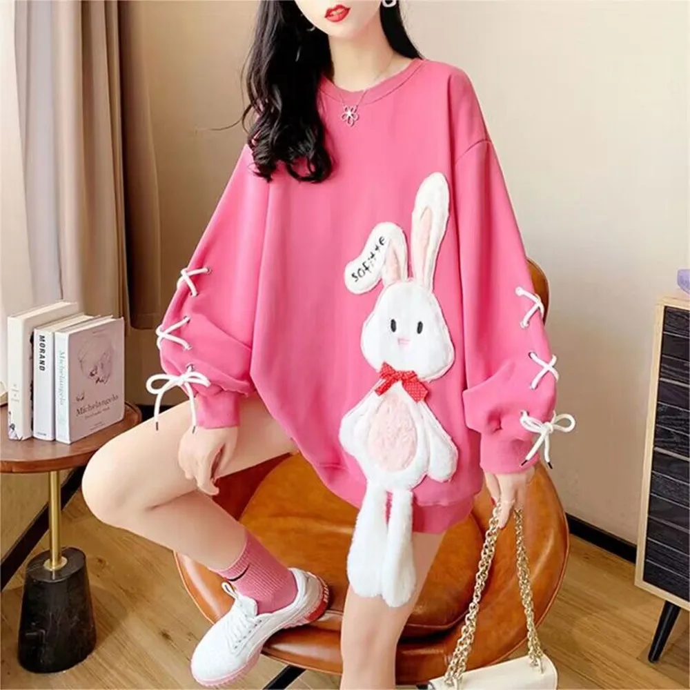 New Rabbit Fleece Hoodies 2023 Oversized Women Casual Sweatshirt Autumn Winter Long Sleeve Fleece Hooded Female Pullovers Tops