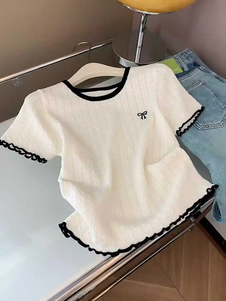 Été mince tricoté plissé oulder ort Sve T-shirt femmes Chic blanc nœud papillon u-ne coupe ample trajet Sle irt