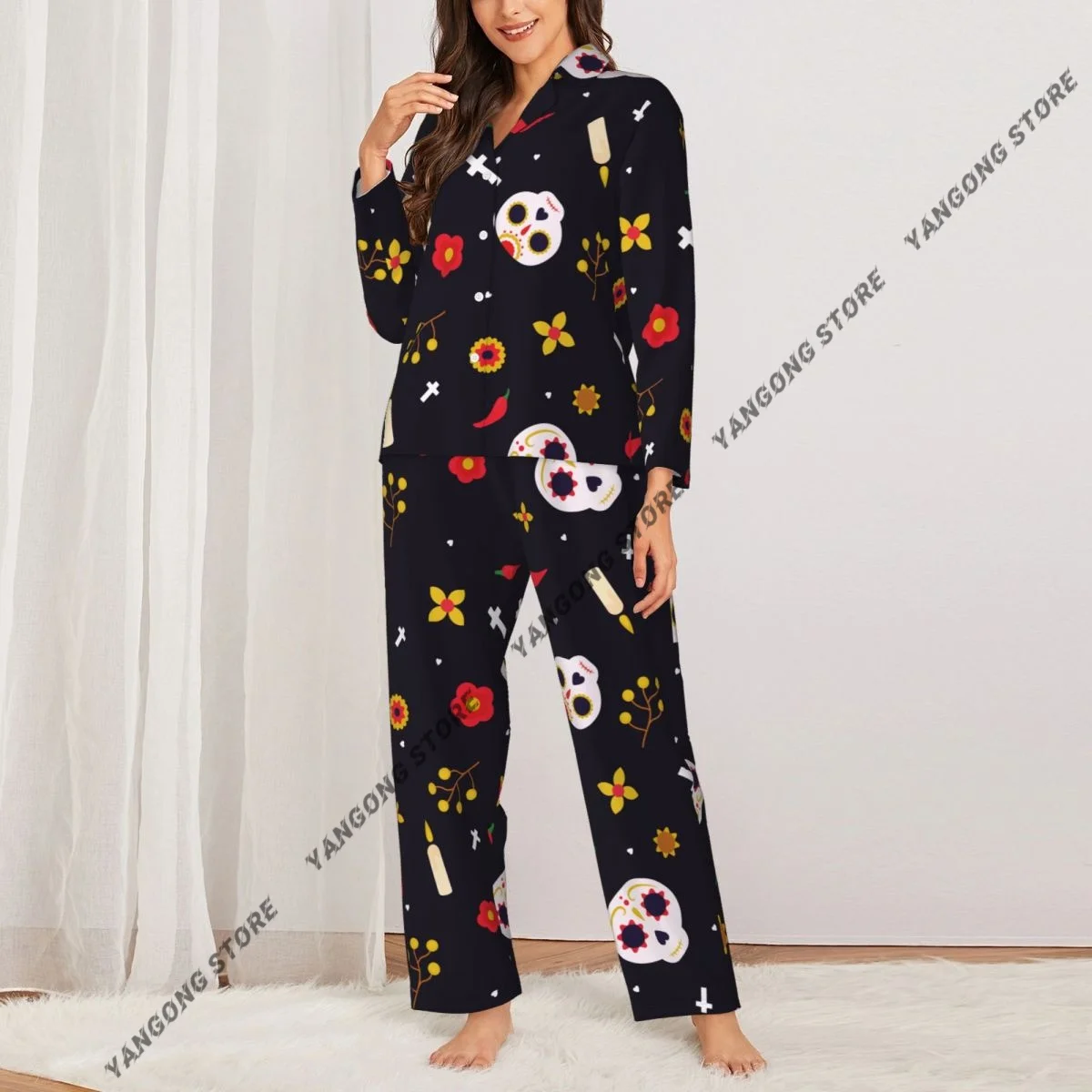 Day Dead Skulls Womens Pajamas Loungewear Two-piece Sleepwear Button-Down Full Sleeve Long Pajamas Set
