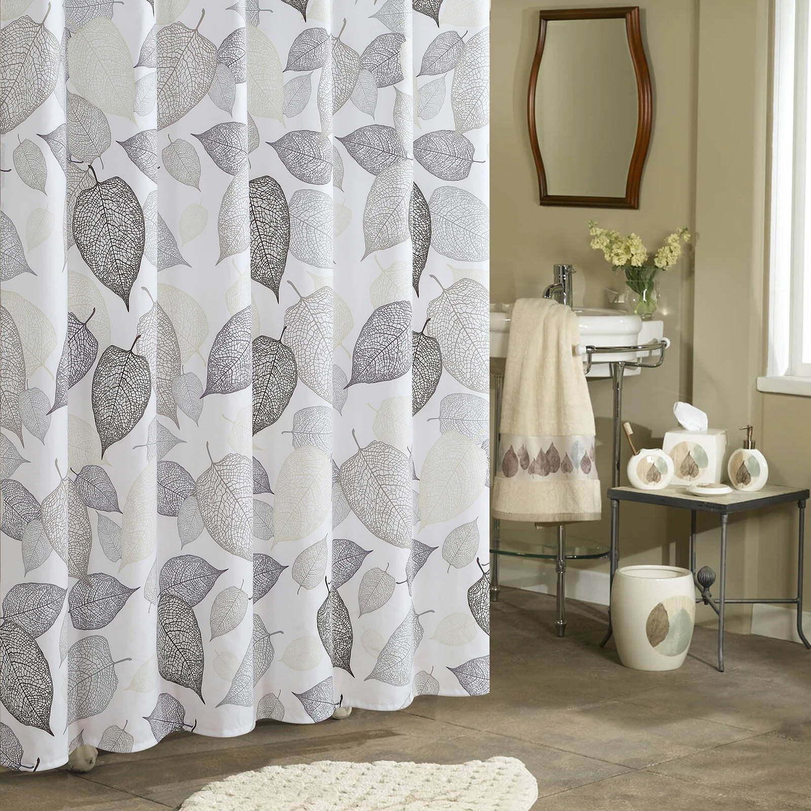 

Whispering Leaves Farmhouse Green Flower Polyester Fabric Brown Leaves Plants Vintage Printed Waterproof Cream Shower Curtain