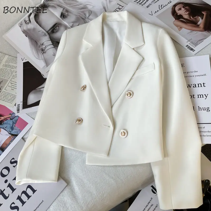 

Blazers Women Double Breasted Solid Temperament Hot Sale Fashion Spring Elegant Crops Notched Femme Clothes Basic Fall Outwear