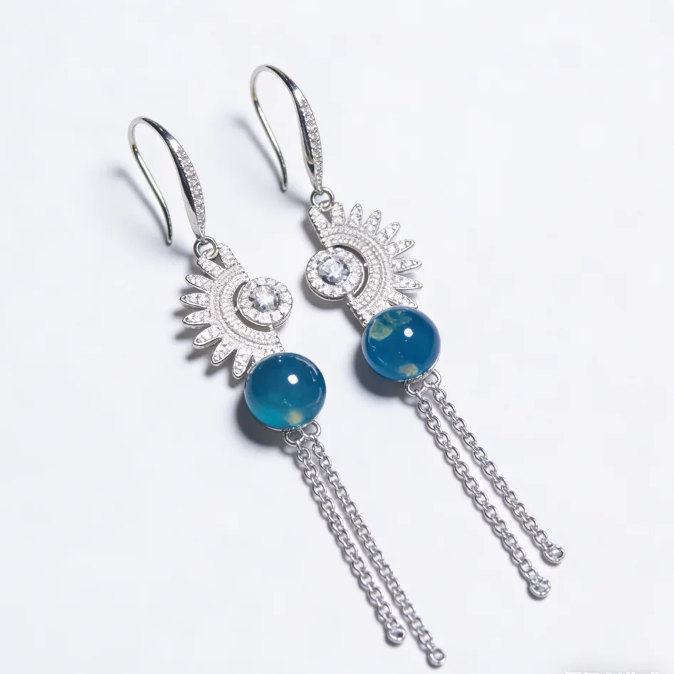 

Natural Mexican Blue Amber Sterling Silver Earrings 7mm Round Bead Star Burst Tassel Design for Daily Formal Wear