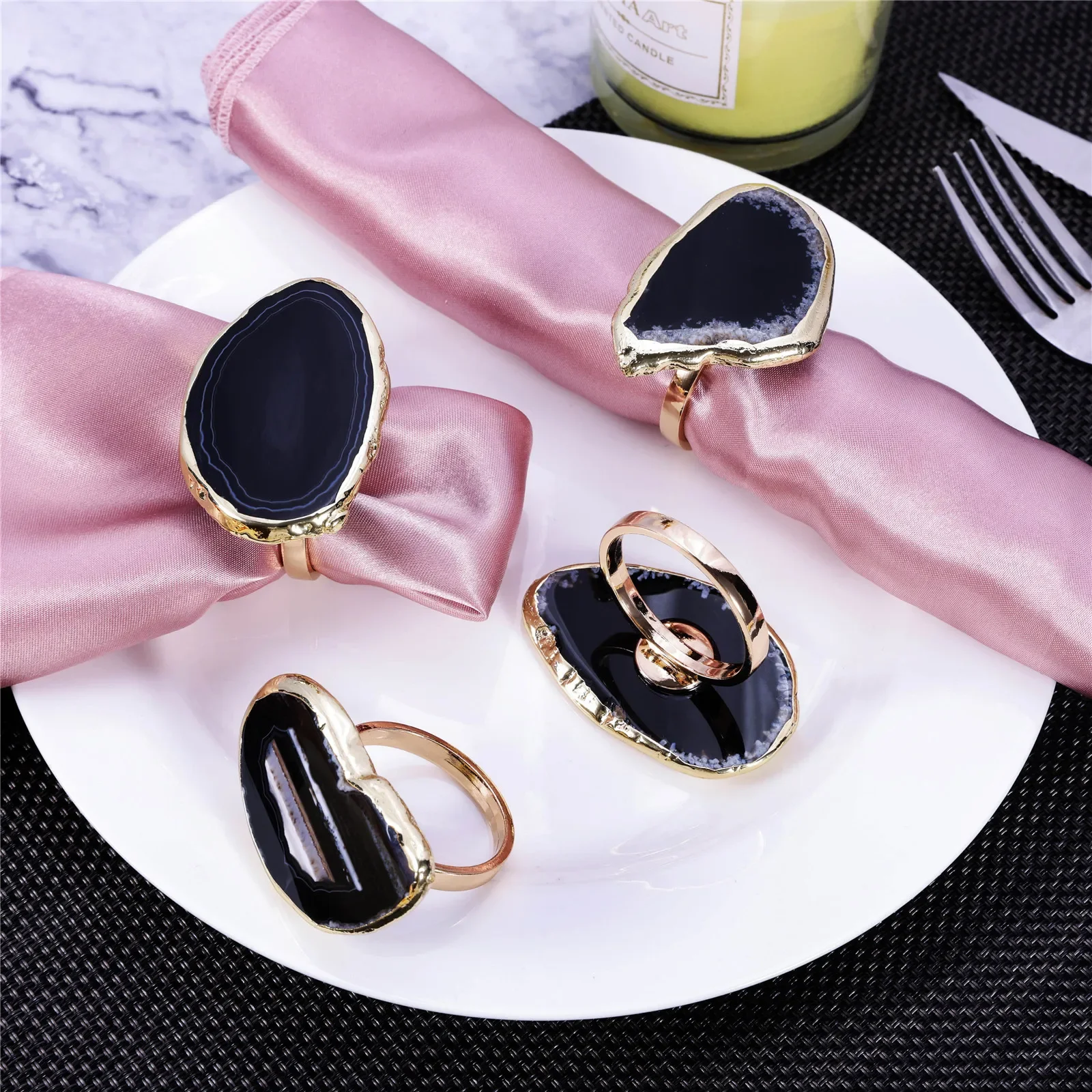 4pcs Agate Slice Decor Napkin Ring Creative Dinner Table Tissue Holder Wedding Party Banquet Ornament Natural/Black/Blue/Green