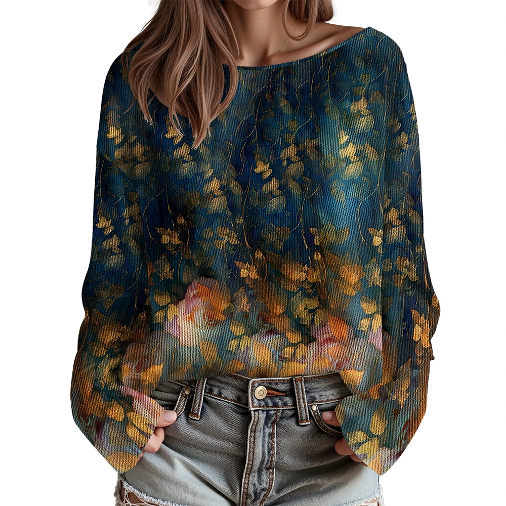 ملابس نسائية زهرية سترة بأكمام طويلة سترة نسائية مع الترقوة المكشوفة سترة أنماط الأزهار الاستوائية #5
