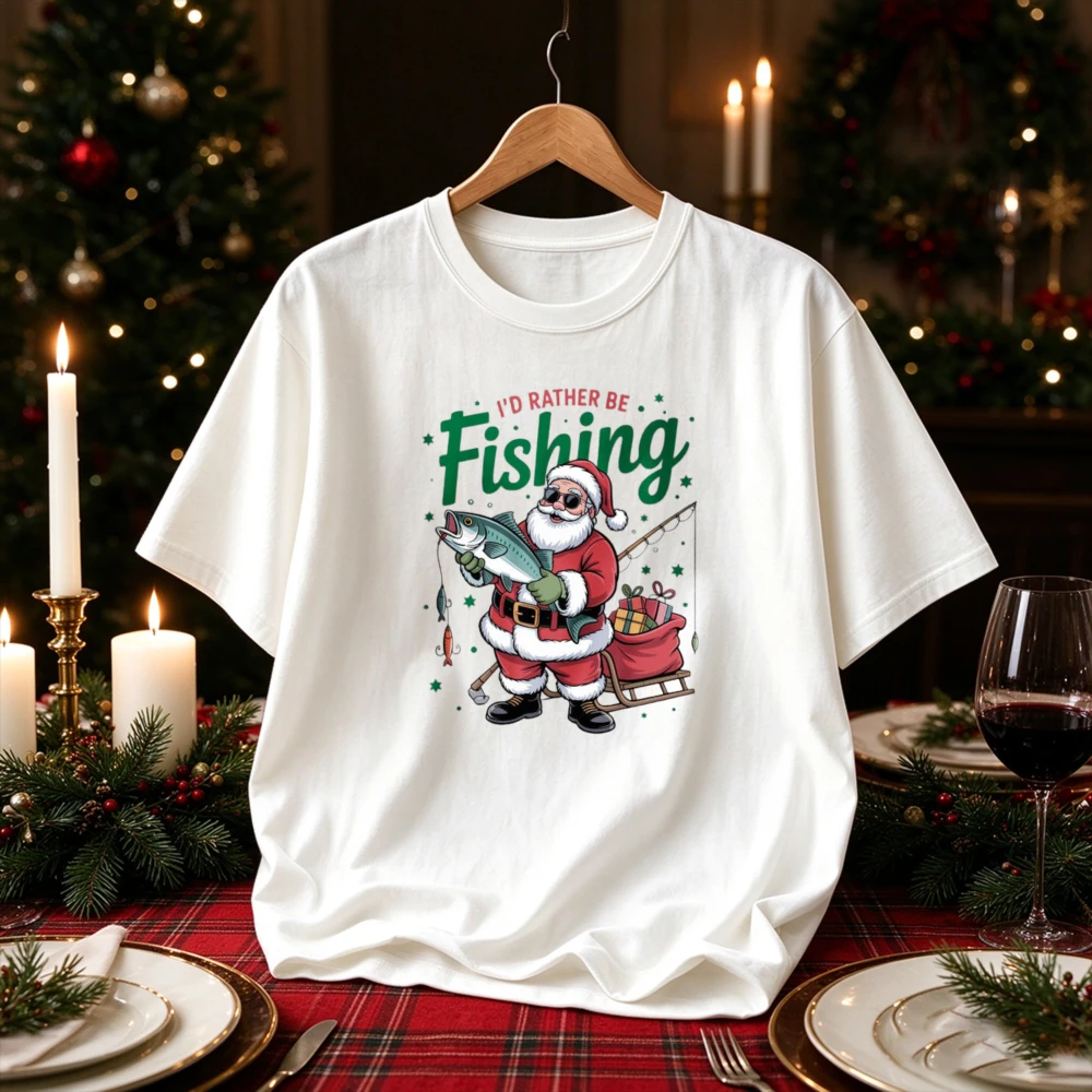 Funny I'd Rather Be Fishing Christmas T-Shirt Men Santa Claus Sunglasses Graphic Tee Cotton Short Sleeve White Holiday Top Gift