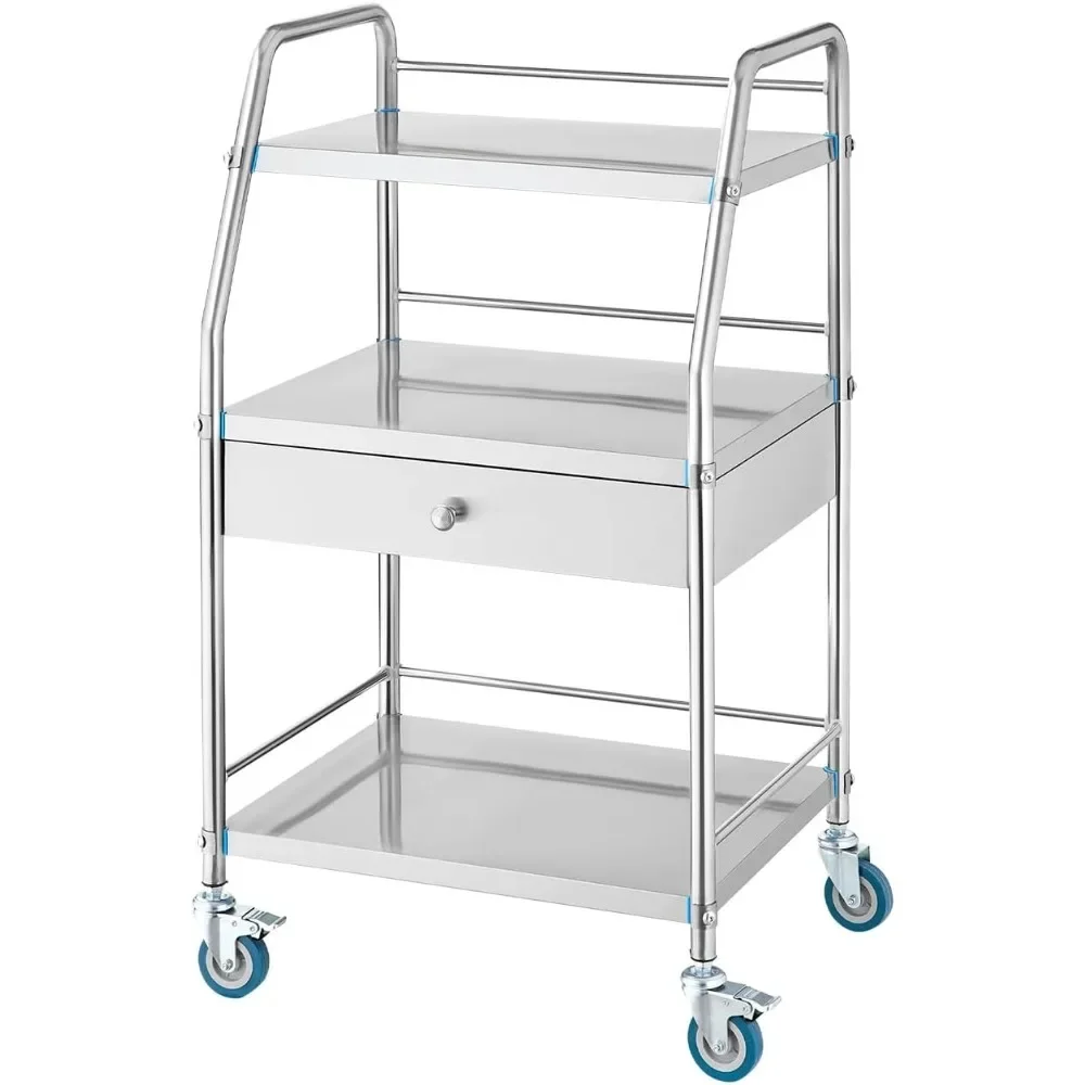 

Stainless Steel 3-Tier Rolling Utility Cart with Lockable Casters, Perfect for Lab and Healthcare Settings
