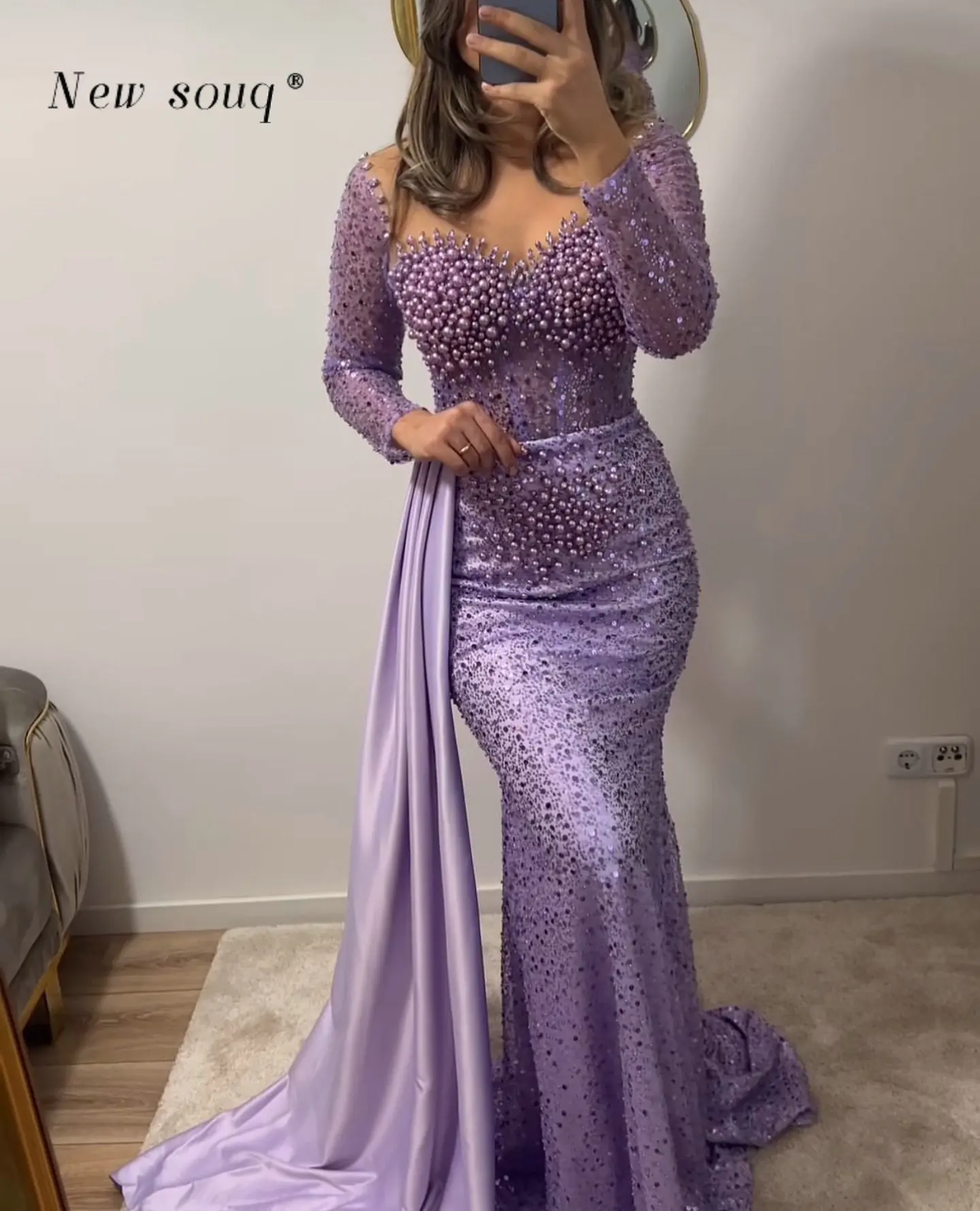 

Arabic Lilac Purple Pearls Beaded Long Sleeves Mermaid Evening Dresses with Side Tail 2024 Formal Occasions Elegant Women Gowns
