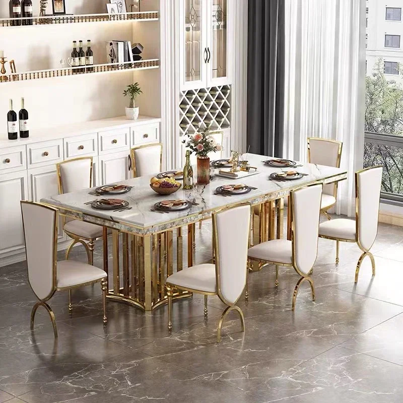 Modern luxury marble gold sliver metal legs dining tables dinner set chairs table 6 8 10 seater dinning room furniture for home