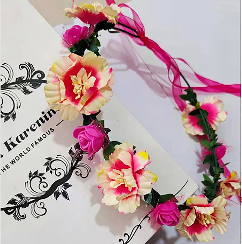 Simulated Spring Bohemian Crowns Flower Wreath Headwear With Ribbon Wedding Bride Garland Head Hoop Headbands Hair Jewelry Gifts