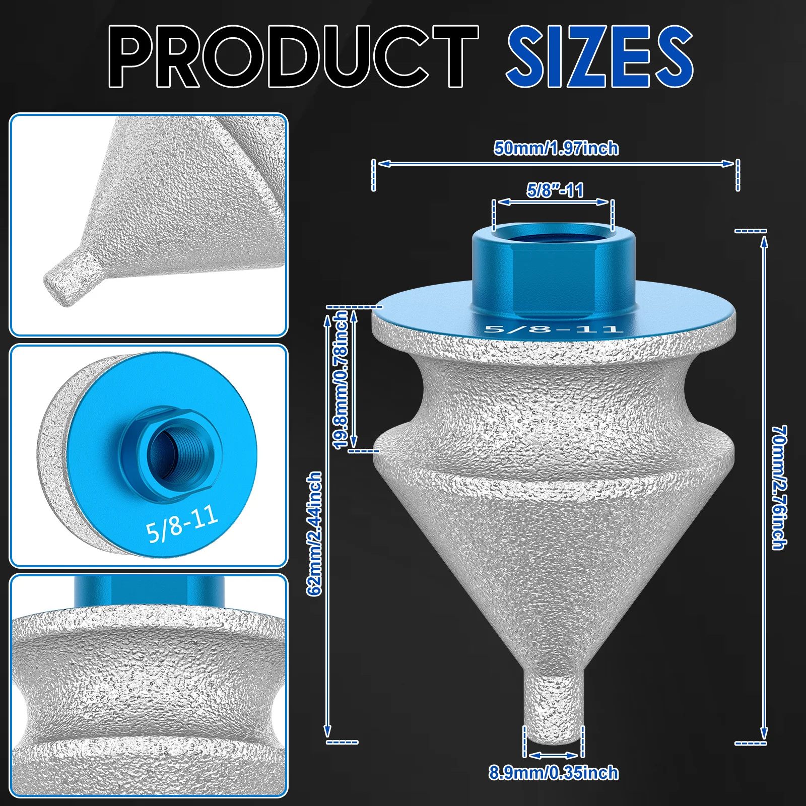 4 In 1 Vacuum Brazed Diamond Beveling Chamfer Bit 5/8-11 inch Thread Milling Finger Bit For Tile Marble Granite Cone Grinding