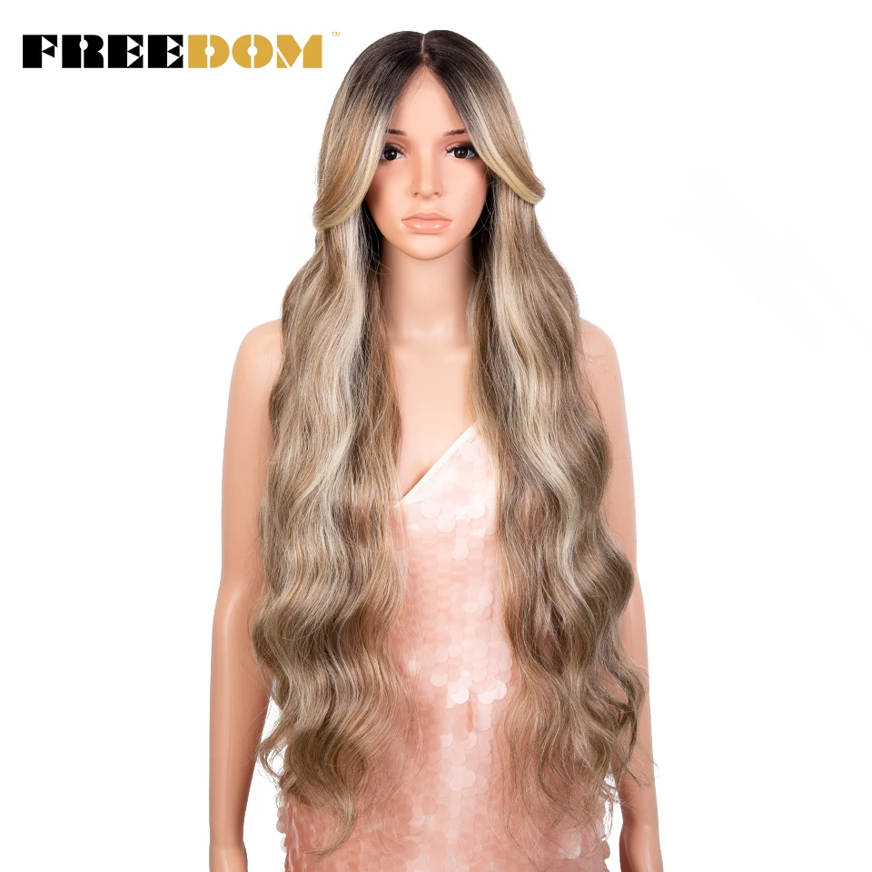 

FREEDOM Synthetic Lace Front Wig Long Wavy Wig With Bangs Ombre Orange Colorful Wigs For Black Women Heat Resistant Cosplay Wigs