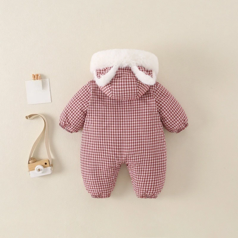 2026 Winter New Hot Selling Cute Ear Fur Collar Hooded Plaid Thickened Cotton Jumpsuit for Children