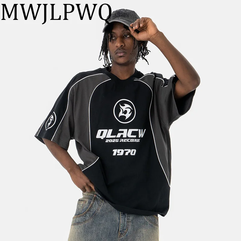

MWJLPWQ Male Letter Printed Short Sleeve T-shits High Street Round Neck Contrast Color New Fashion Loose Summer Men Tees 010508
