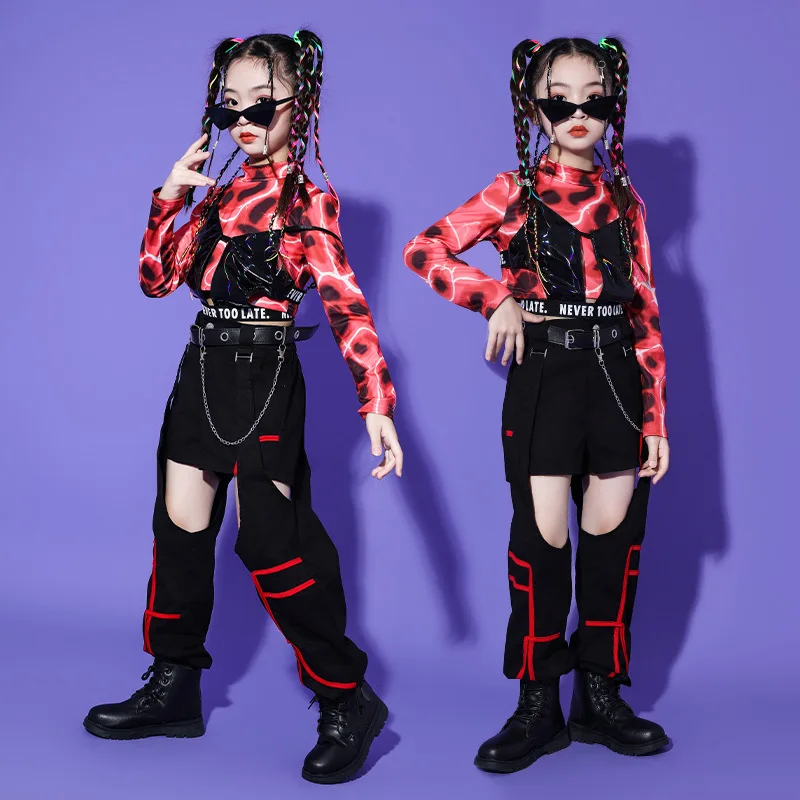 Kid Hip Hop Clothing Print Crop Top Long Sleeve T Shirt Tee Camisole Black Cut out Pants for Girl Jazz Dance Costume Clothes Set