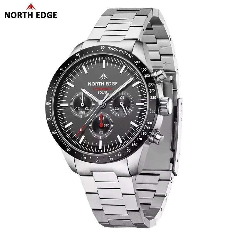 NORTH EDGE Men Business Chic Quartz Watch Solar Powered Waterproof 50m 316 Stainless Steel Luminous Pilot Watch LONGWINGS