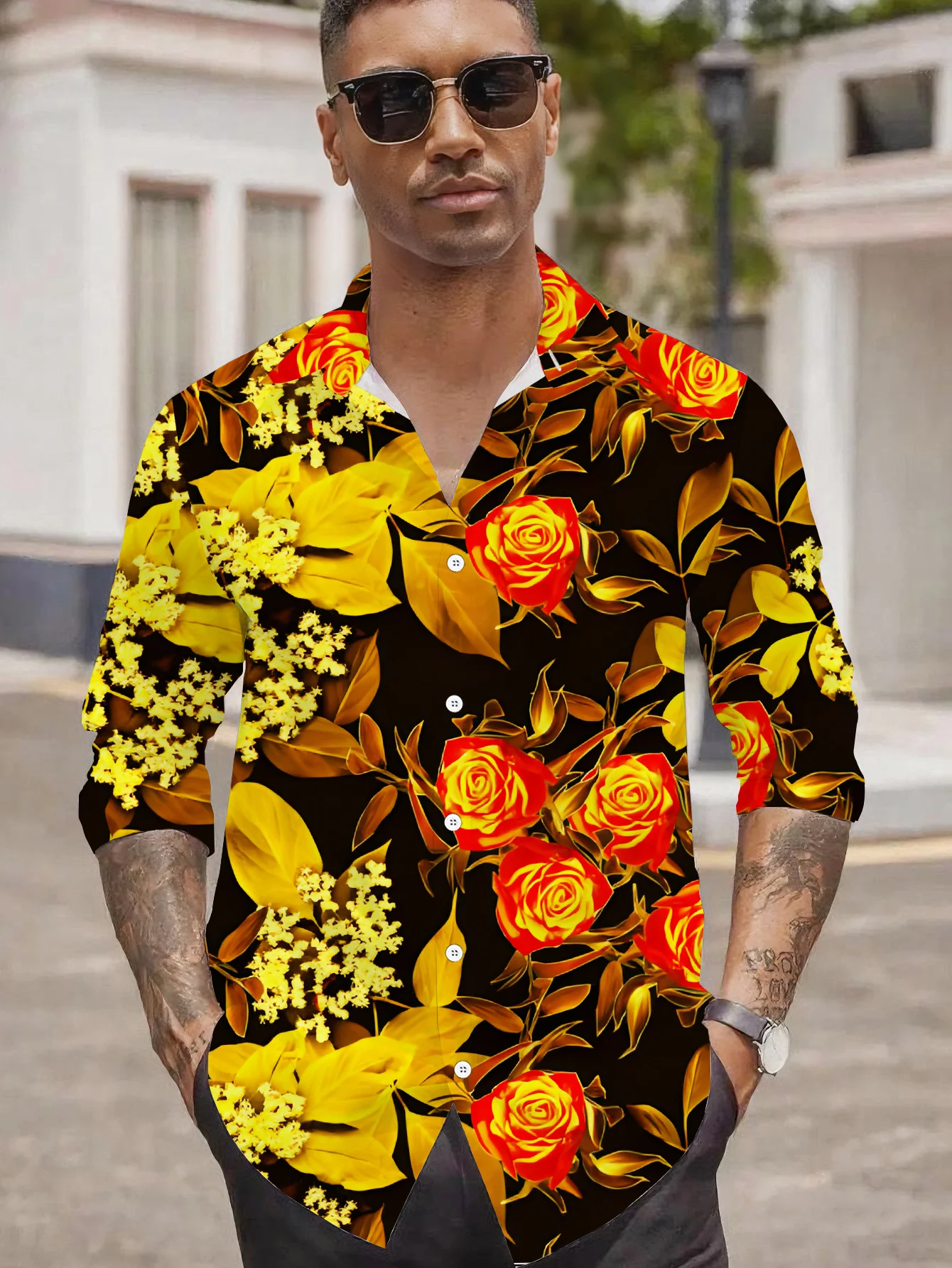 Men Long Sleeve Button Down Shirt Black Golden Red Rose Floral Leaf Print Polyester Lapel Collar Party