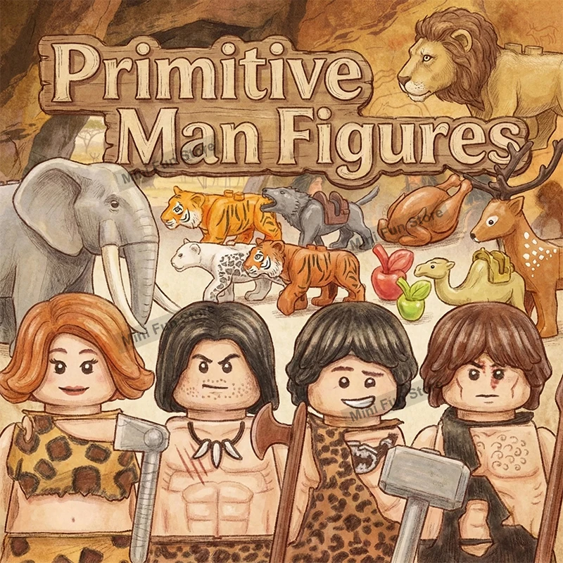 Medieval UV Printed Primitive Figures Building Blocks Warrior Axe African Animal Elephant Lion Tiger Camel DIY Bricks Toys Gifts