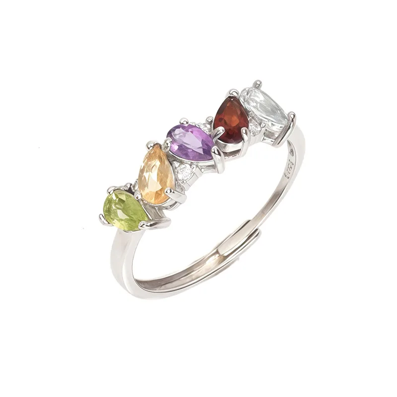 

Authentic 925 Sterling Silver Elegant Resizable Size Ring for Women Girl Lady Natural Multicolor Gemstone Rainbow Garnet Peridot