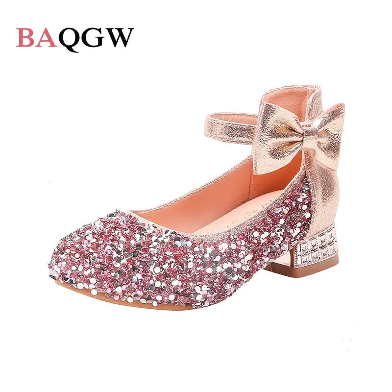 

New Girls Grace Princess Glitter Shoes Bowknot Bling Summer Fashion Children's Sandals High Heeled Dance Crystal Shoes Hook&loop