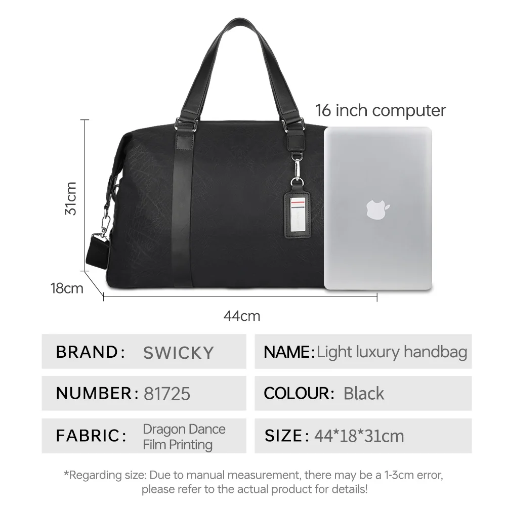 SWICKY Men's Casual Handbag Business Travel Large Capacity Cross-body Bag Black Fashion Tote Bag