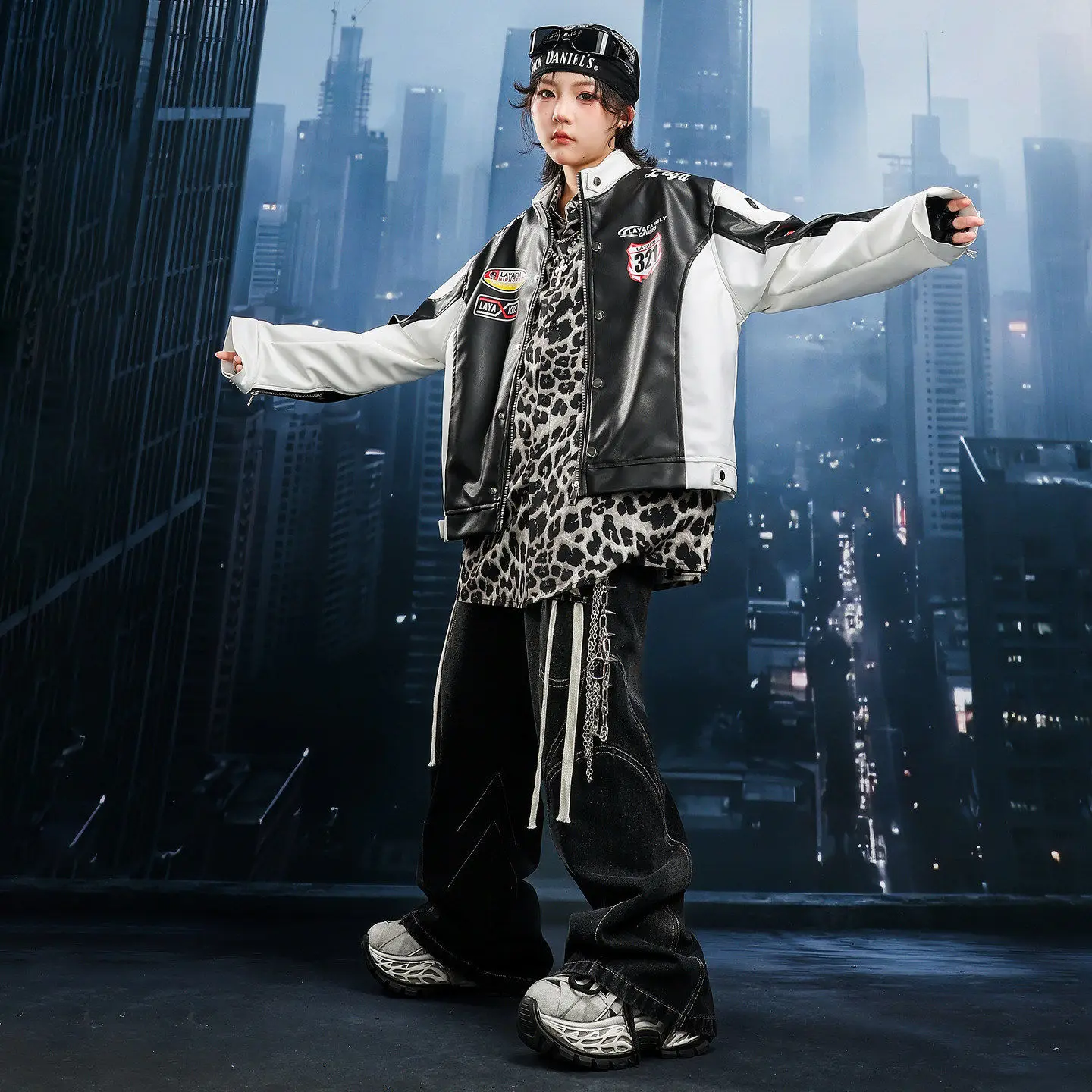 Children Boy Girl Streetwear Hip Hop Loose Performance Leather Motorcycle Jacket Jeans Pant Sets Kids Coat Trouser Stage Clothes