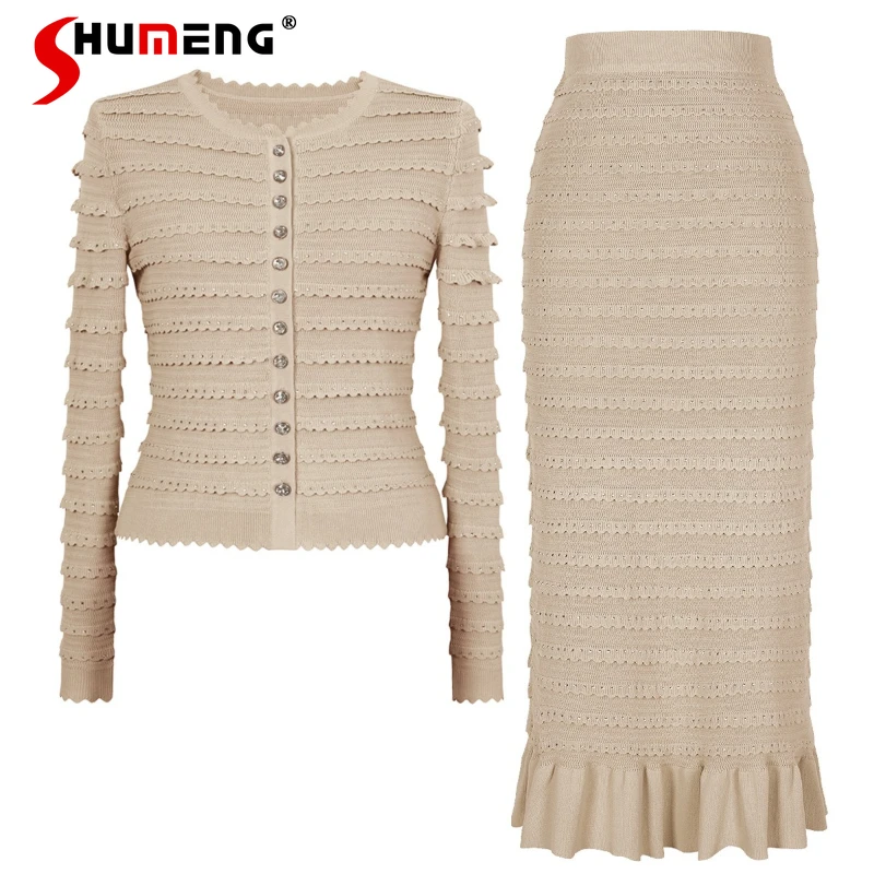 

Женские весенне-осенние новые модные универсальные высококачественные вязаные кардиганы со стразами, куртки и юбки, комплекты однотонных платьев