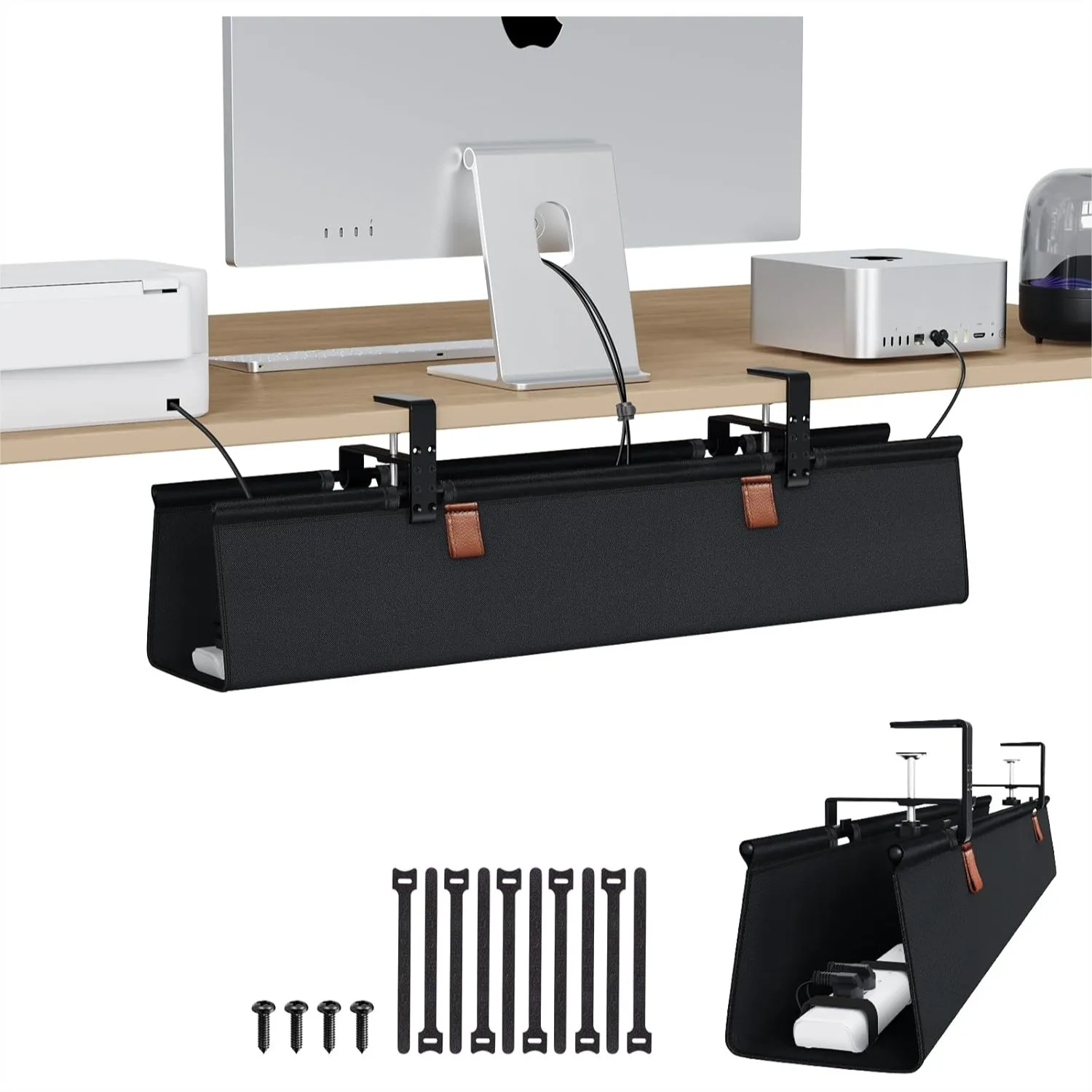

Under Desk Cable Management Tray 30" Cord Organizer No Drill Clamp/Screw Mount, Sturdy Waterproof Fabric for Office Home