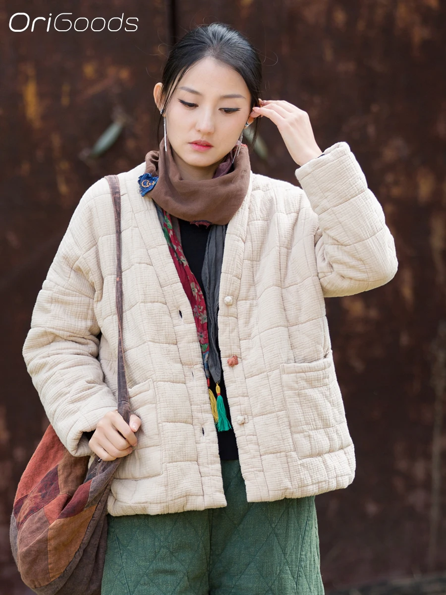 

OriGoods Cotton Padded Coat Woman Chinese Style Winter Clothes Quilted Jacket Warm Coats Loose Vintage Outerwear 2025 New B363