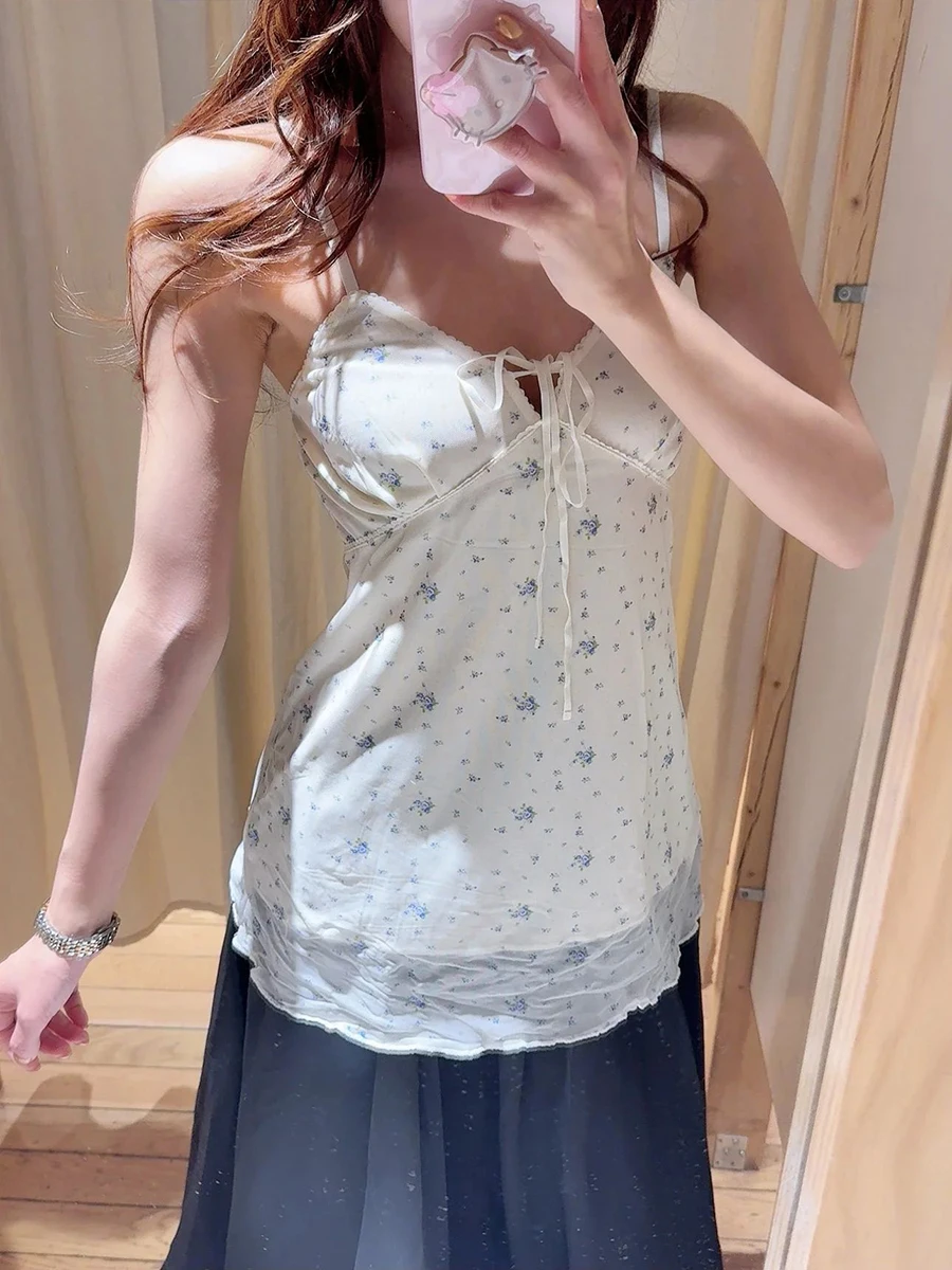 Blue Floral Mesh Long Tank Top Woman Summer Lace Trim Lace-up V-neck Sexy Backless Camisole Casual Sweet Cute Vest New Tops