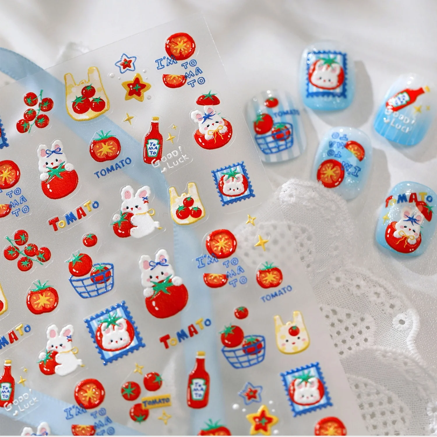 Lovely 5D Rabbit Tomato Cherry Vegetable Basket Stamp Frame Nail Art Stickers Self Adhesive Nail Decals Sweet Manicure Decor