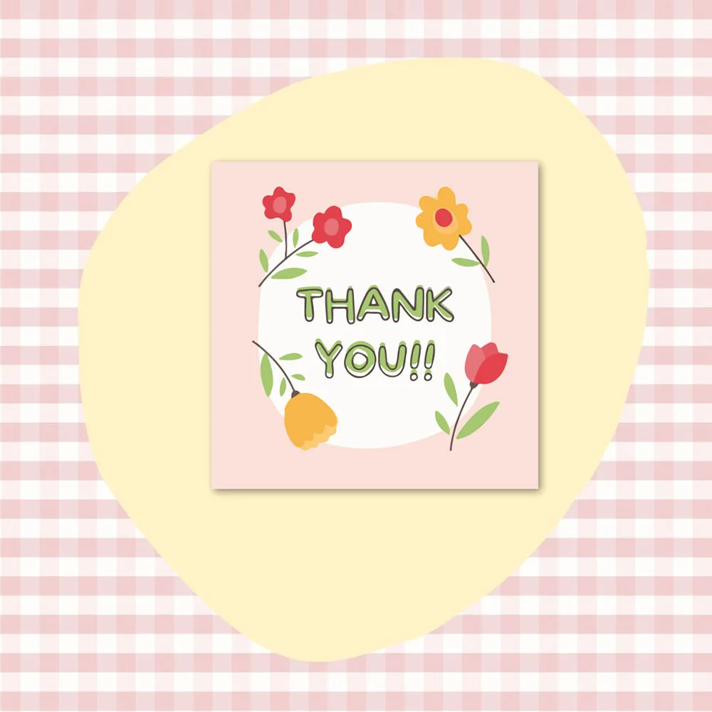 50pcs 6x6cm Pink Cartoon Square Thank You Card For Small Businesses Gift Box Greeting Decoration Packaging Wholesale Supplies