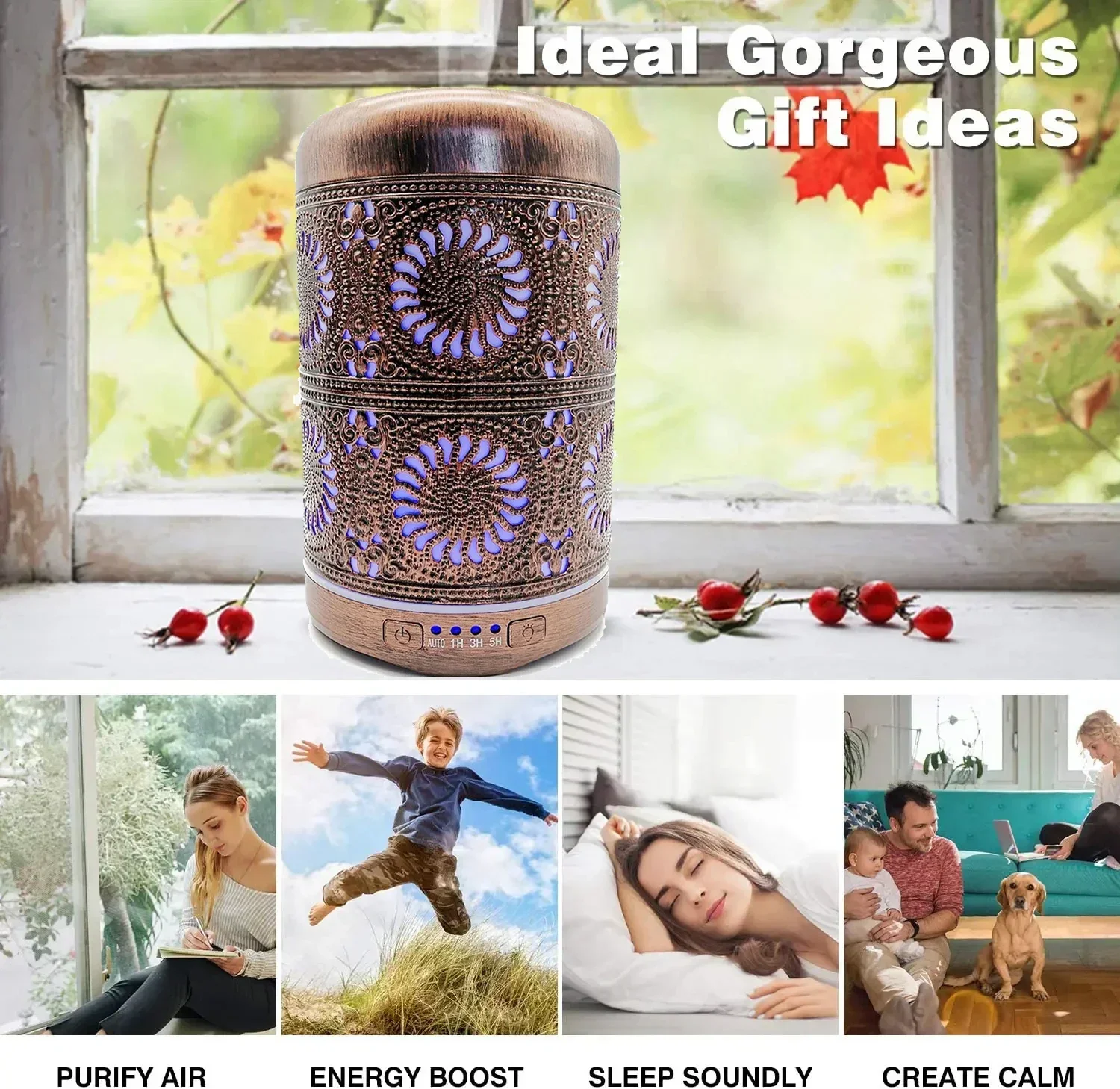 Air Humidifier Aromatherapy Essential Oil Diffuser Red Bronze Metal Mist Maker 7 Color Lights Change Lamp for Home Office SPA