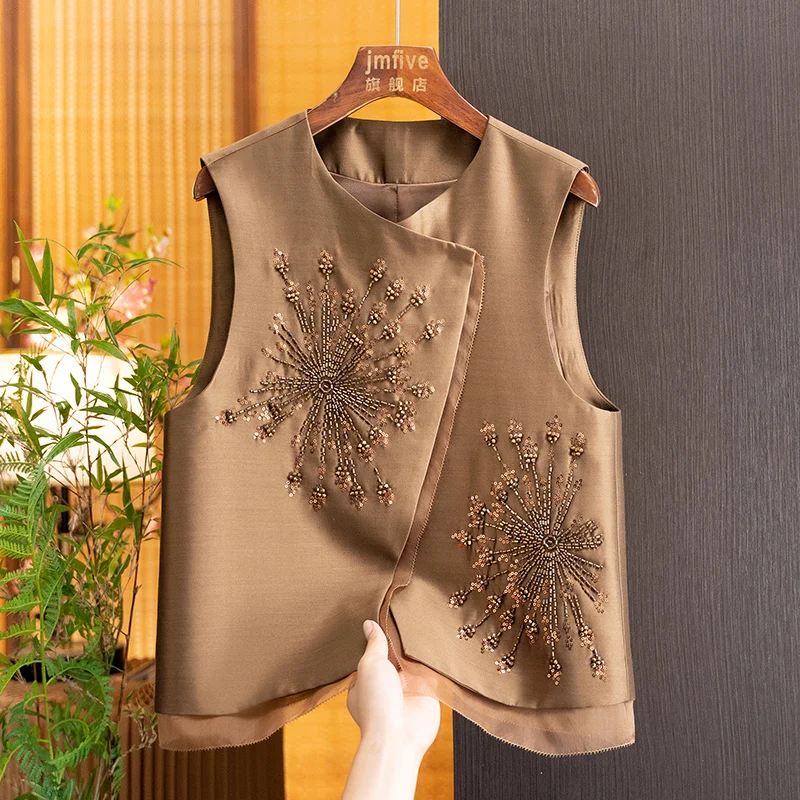 New Chinese-Style Silk and Wool Heavy Beading Diagonal Collar Vest for Women, 2026 Autumn New Fashion Layered Vest