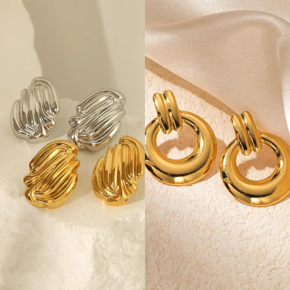 CARLIDANA New Arrival Minimalist Stainless Steel Gold Plated Stripes Hoop Earring Women Tarnish Free Chunky C Stud Earrings