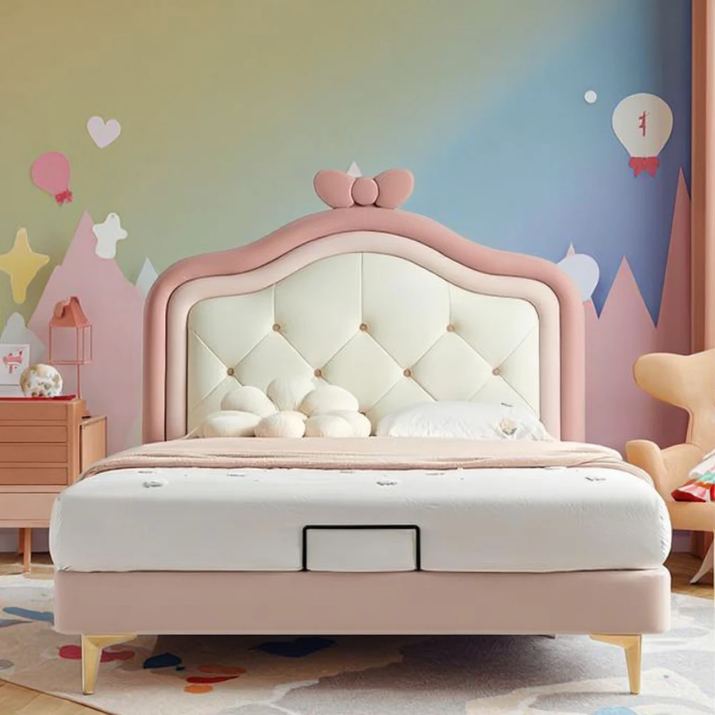 Modern Girls' Luxurious Pink Strawberry Princess Bed Wooden Frame Fabric Upholstery Single Child Room Soft Bag Dreamy Design
