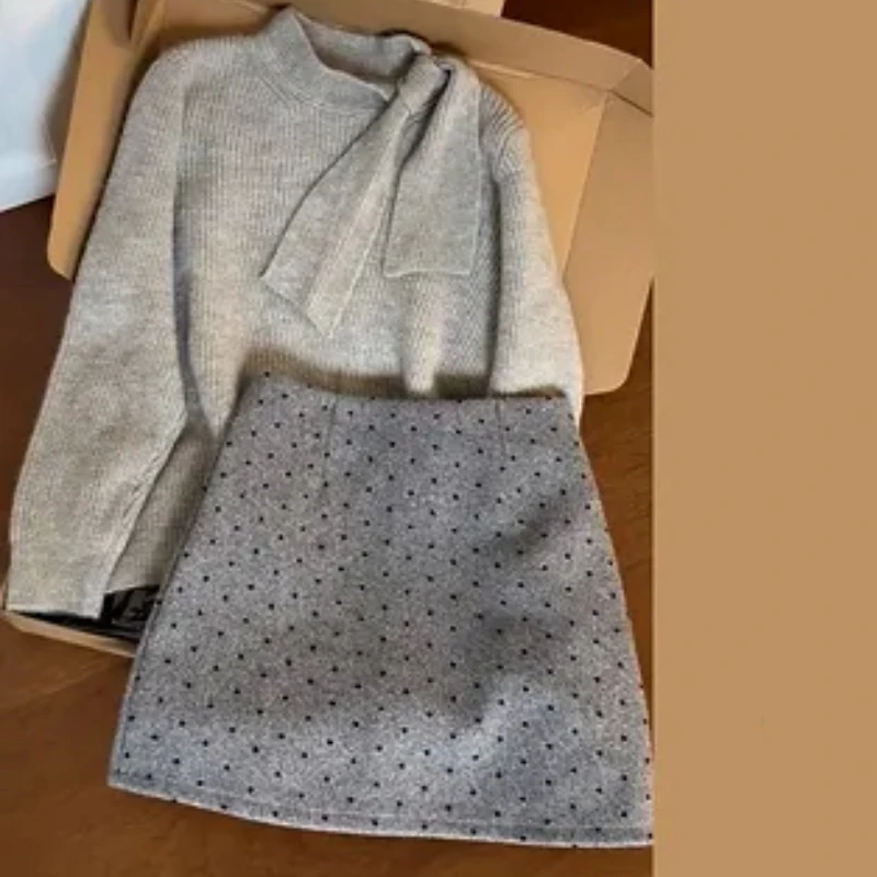 Korean Style Women Knit Two Piece Set Bow Detail Sweater Heart Print Mini Skirt Elegant Autumn Winter Outfit Suit