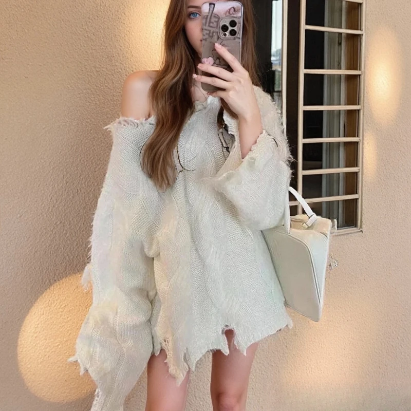 

Осенняя потертая женская одежда, зимняя мода, уличный женский свитер с длинными рукавами и v-образным вырезом, элегантный трикотаж, однотонная блузка