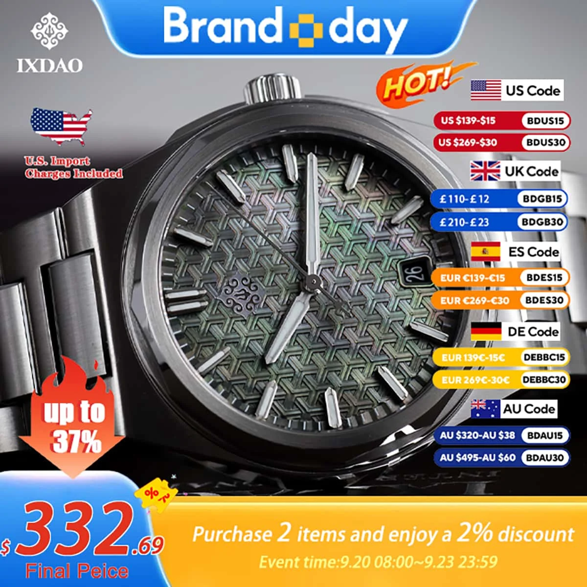 IX&DAO 2026 New 37mm Warrior Men's Automatic Mechanical Watch PT5000 Movement Sapphire Stainless Steel Waterproof 10Bar BGW9