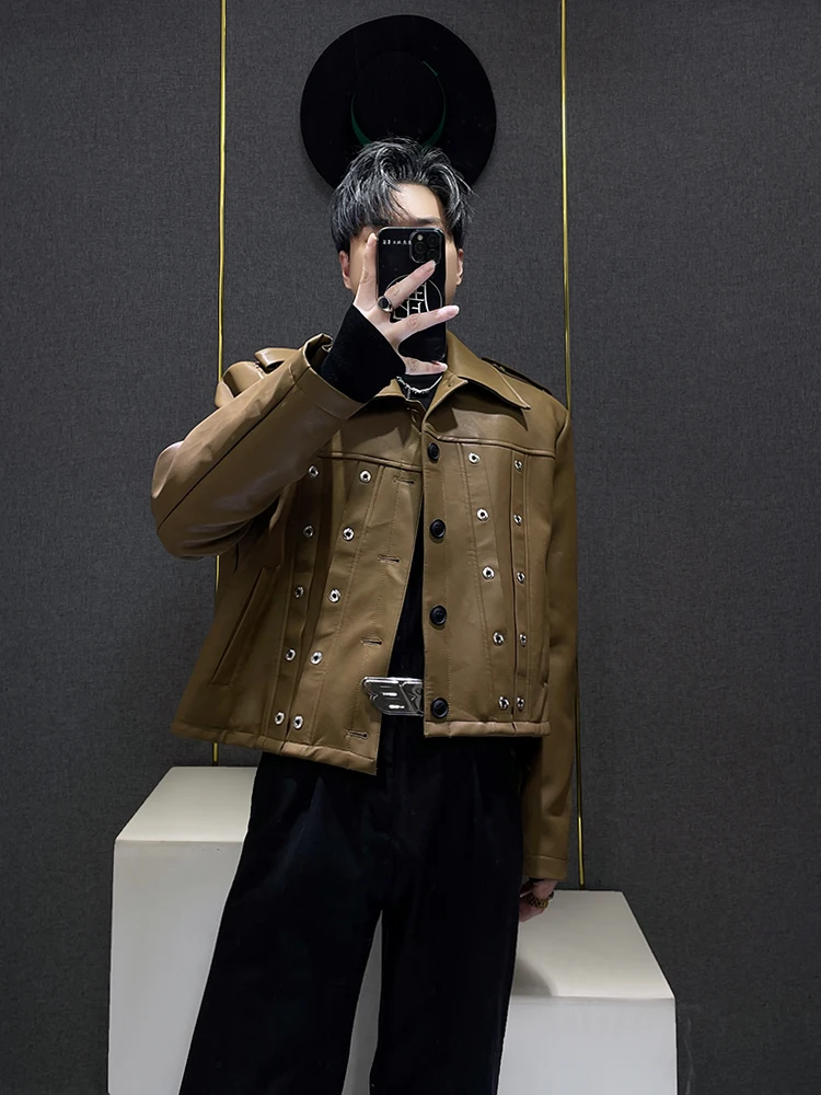 

Металлическая кожаная куртка с подплечниками, мужская, премиум-класса, с воротником-стойкой, короткая мотоциклетная куртка, молодежная, осенняя, модная