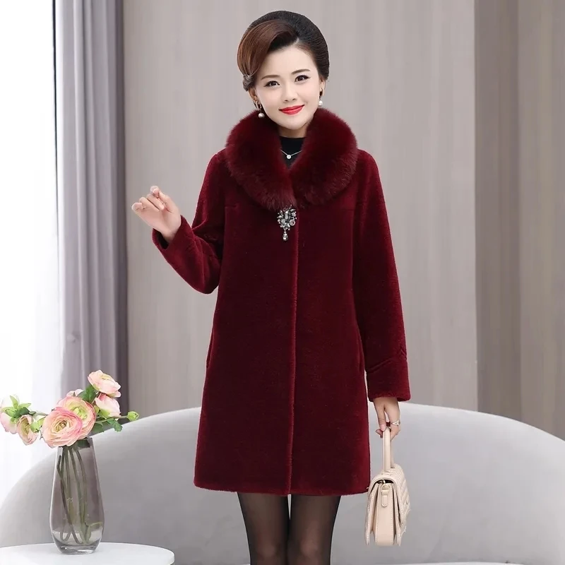 Women Winter Fur Coat New Middle-aged Mother Long Thicken Warm Faux Fur Outerwear High End Female Fox Fur Collar Jacket 5XL