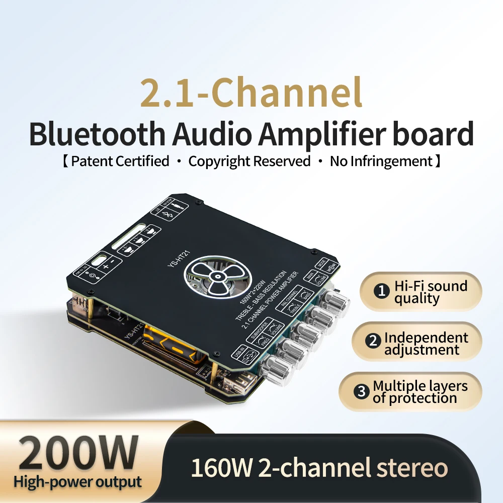 Bluetooth-совместимая плата усилителя звука 5.1 2.1-канального стерео-сабвуфера 160Втx2+200Вт с регулировкой высоких и низких частот