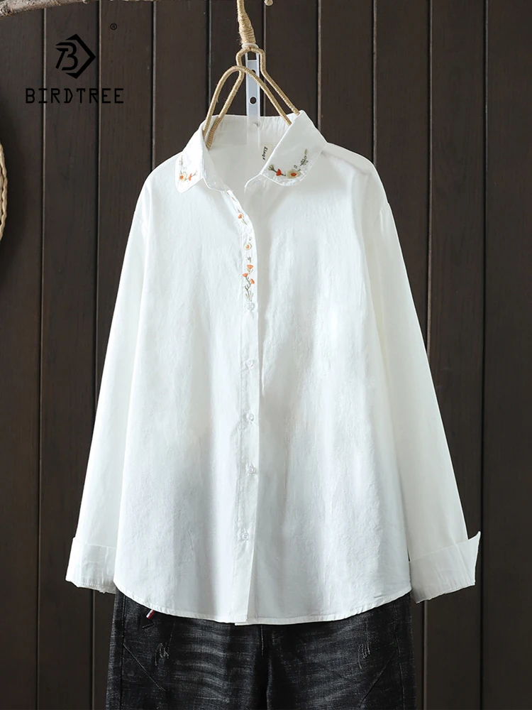 

New 2025 Autumn Cotton Long Sleeve Shirt, Women Turn-down Collar Embroidery, Mori Girl Chic Age Reduction Loose Blouse T58250CC