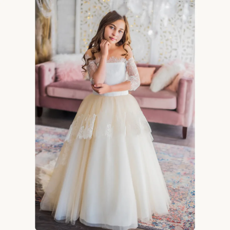 Champagne Off Shoulder Lace 3/4 Sleeve Flower Girl Dress Trailing Tulle Long Gown Kids Wedding Pageant Formal Princess Dress