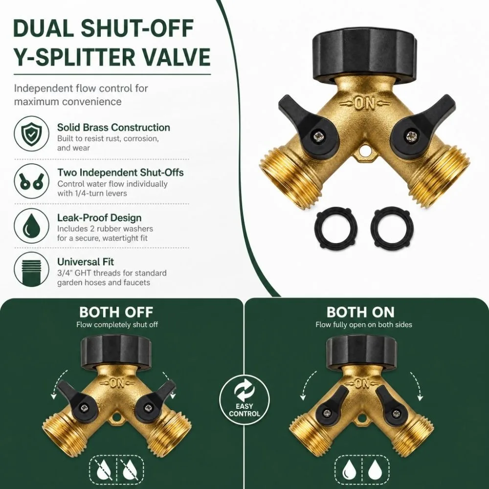 Brass Garden Hose Splitter Solid Brass Heavy Duty Hose Connector Pure Copper 3/4 Inch Thread Water Pipe Adapter Outdoor Faucet