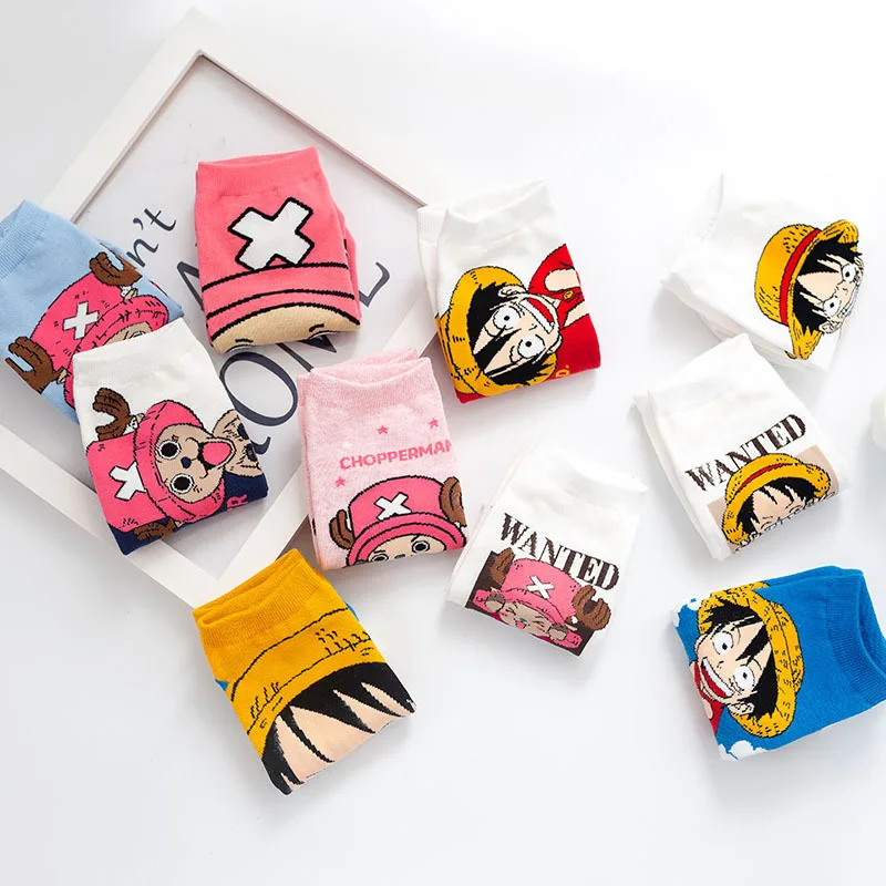 5 Pairs/Lot ONE PIECE Men‘s Boat Socks Luffy Chopper Anime Figure Cartoon Low Socks for Women Spring Summer 100% Cotton Socks