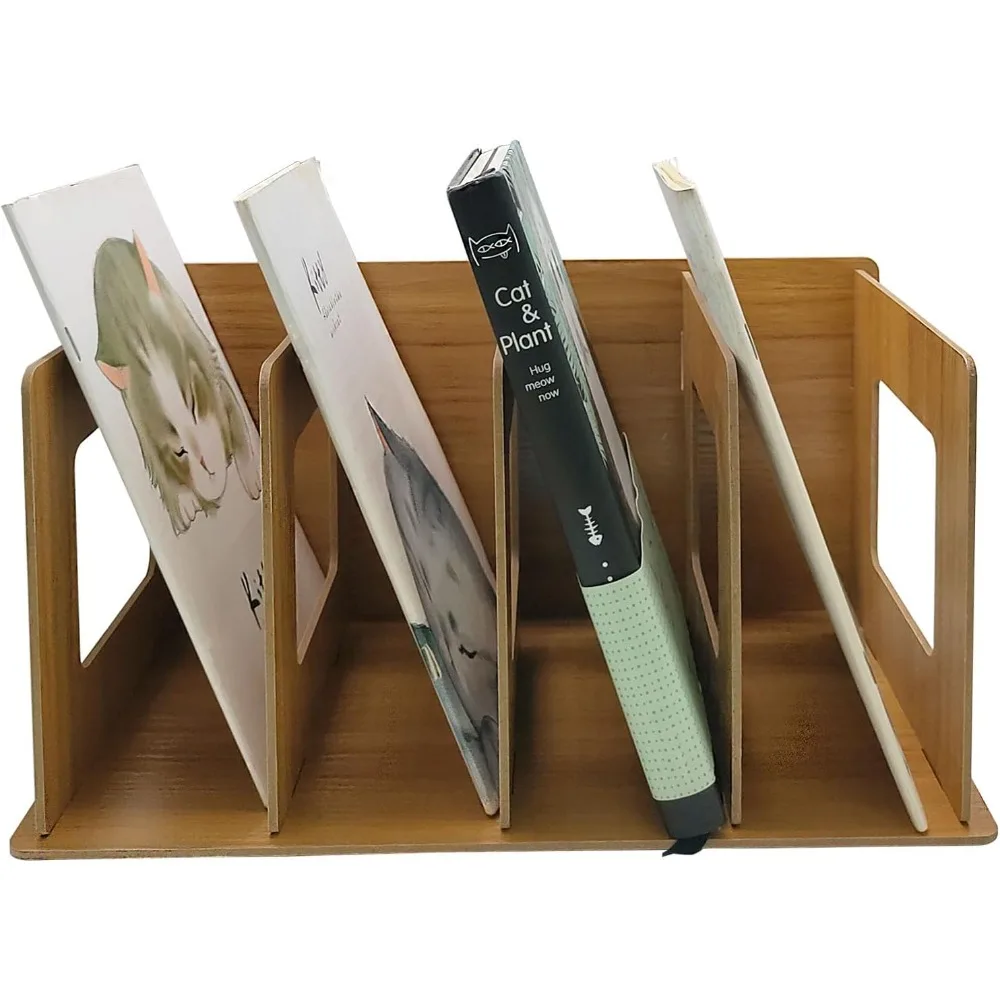 

Desktop DIY Storage Bookshelf, Wooden CD Album Record Collection Rack, 4 Compartments Magazine Rack Folder Organizer, Book Shelf