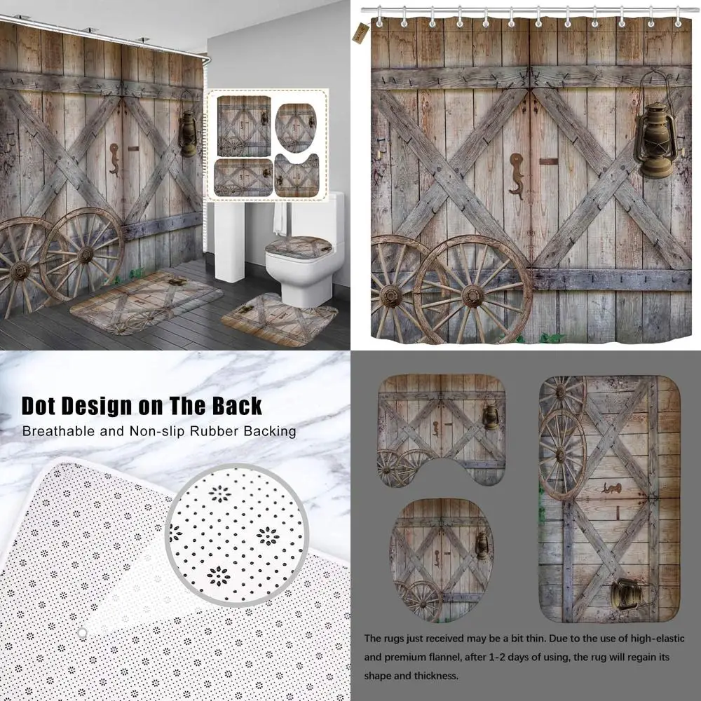 

rustic country shower curtain set with vintage wagon wheel design, waterproof fabric for barnwood-style bathroom decor
