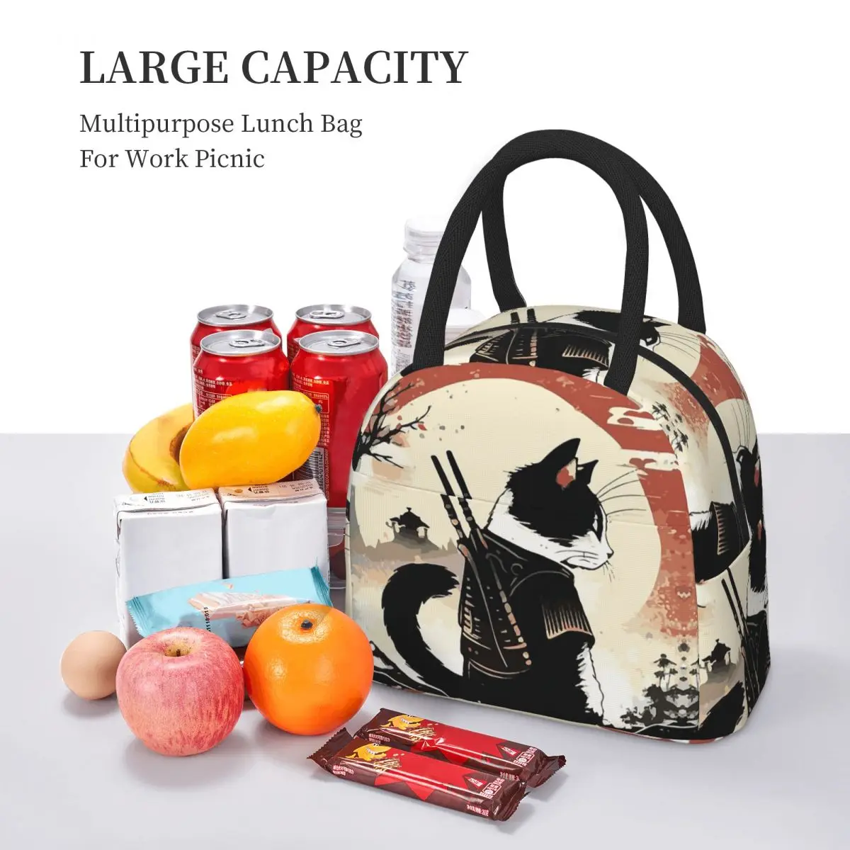 القطط أنيمي سيف ساموراي معزول حقيبة الغداء للنساء مكتب برودة صندوق طعام حراري حمل صناديق الغداء المحمولة الحاويات