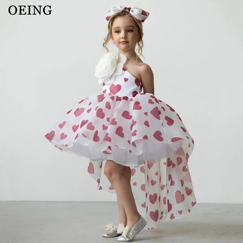 OEING Cute A-Line Flower Girl Dresses Pink Heart Print Wedding Party Dress Full Sleeves Princess Girl Birthday Dress Customized