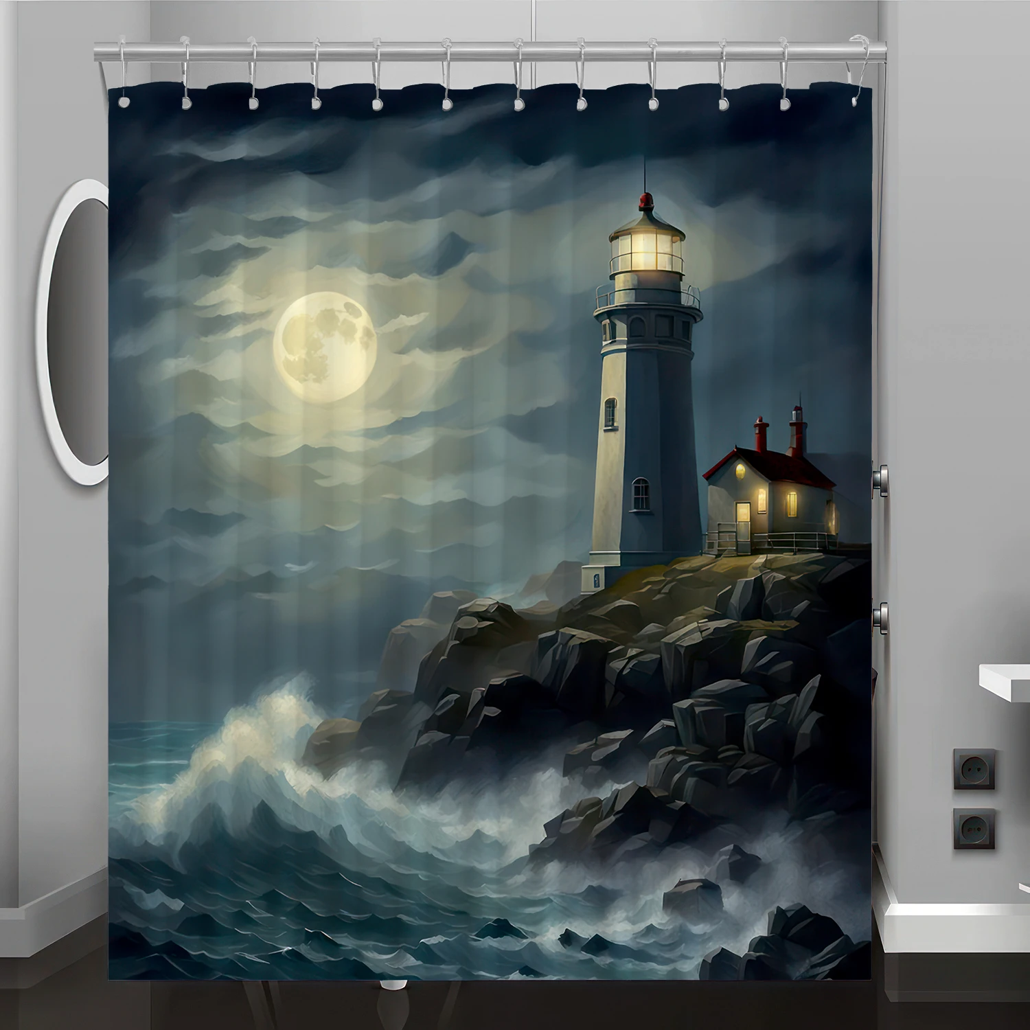 Wave lighthouse pattern digital print shower curtain